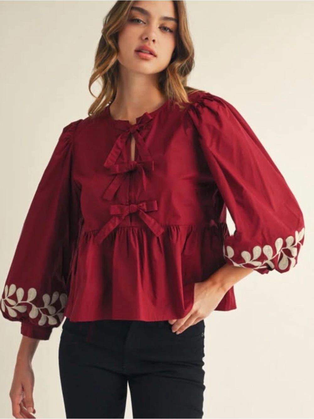 Jodifl 3/4 Sleeve Wine Puffy Sleeve Blouse w/Embroidery. Women's Size S